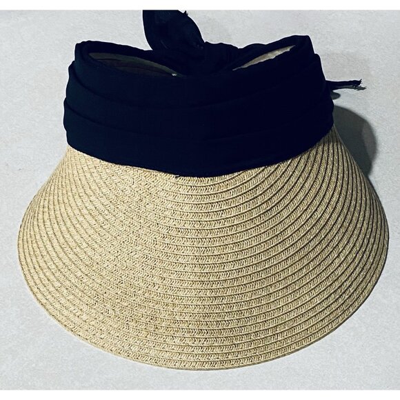 Vince Camuto Hat Womens One Size Black Chiffon Tie Bow Straw Visor Beachy Boho - Picture 2 of 6